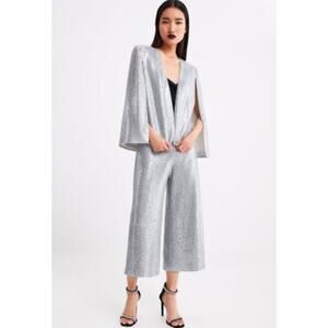 Zara Silver Sequin Cape & High-Rise Culottes Cropped Pants Set NWT- Size S